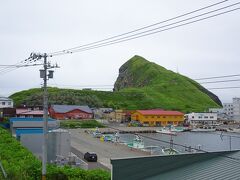 天気はスッキリしないけど島内一周に出発！
利尻島は，だいたい丸い形で，ノンストップで一周すると６０～８０分です

港のすぐ脇にあるペシ岬
ある生き物に見えるけど，さて何でしょう？？
答えは，後ほど（この旅行記の終わりの方にあります）