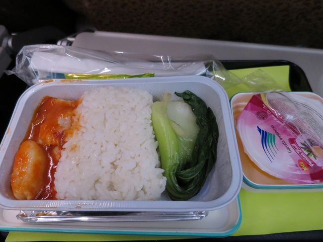 そして機内食、いつものように母上に、魚ごはんととりごはん1つづつもらったよ～というと、NAMYの通訳がいけてないと。。。<br /><br />いや、NASI IKAN,NASI AYAMと言われ直訳してるのですが、、、<br /><br />これはおさかなごはん<br />