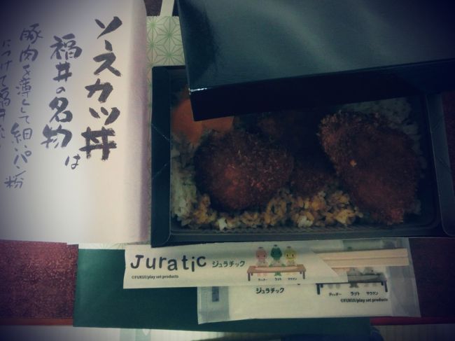 夕食　福井駅の飲食店 越前でお持ち帰りソースかつ丼 550円、お茶<br /><br />うな重のうなぎの部分が薄いトンカツになったような、これ、おいしいですね。<br />Juraticジュラチックは、キャラクターなのかな