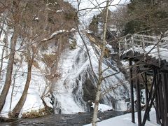 湯元温泉からバスに乗り、湯滝へ。赤沼で下りました。
観瀑台の階段に積もった雪が固まって、滑り落ちてしまったため下からの写真。