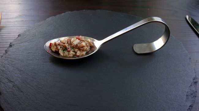 セットメニュー20ユーロがあったので、それで予約しました。<br />最初は、アミューズ。<br />タコのサラダ<br />ひと口ですが、ハーブと酸味がきかせてあり、夏向きのさっぱりした味