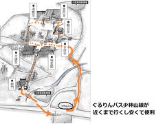 というわけで、翌日は達磨狙いで、【少林山達磨寺】に向かう。高崎駅から路線バスと観光バスっぽいのと両方出ているのだが、山の登り口のすぐ近くまで行く【市内循環バスぐるりん】が安くてお勧めだと、高崎駅のインフォメーションで教えてもらった。ただし１時間に１本くらいなので、インフォメーションで、運行表をもらっておいて、帰りの時間を考えて下山するのがよさそうだ。

オレンジ色のラインが、我々の見学したコース。