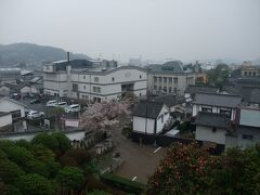 神社は高台にあり美観地区が見下ろせます。雨のため降りるときのスリップに注意。（見事に滑りました。靴のチョイスがミスでした）