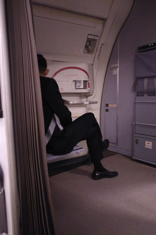 ＳＱは男性ＣＡが多いですね。この方では無いですが、お偉い感じのおさーんＣＡが乗り込んでいて、一応ドアクローズとか荷物出しの手伝いとかするんですが、ミールの給仕の間はここに座って、新聞とかゲームとか飯とか食べてました（汗