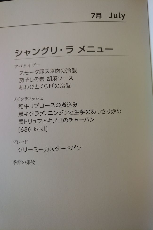 食事のメニューですが、これは7月バージョンでした。8月は洋食はフツーの魚系と、和食のセレクト。肉でも無いのかよ