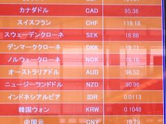 羽田ではそのままANAのシャトルバスで国際線ターミナルまで行くこともできましたが、一旦出てターミナル間シャトルバスにて国際線ターミナルへ。
ユーロを持っていなかったので、両替するため。
写真は当日のレート。出国手続き前のエリアではここが一番レートが良かったので、必要なユーロを購入。
が、出国手続き後のエリアで、若干ですが更に良いレートの両替所を発見！悔しいので、もう少しだけそこでユーロ購入しました・・