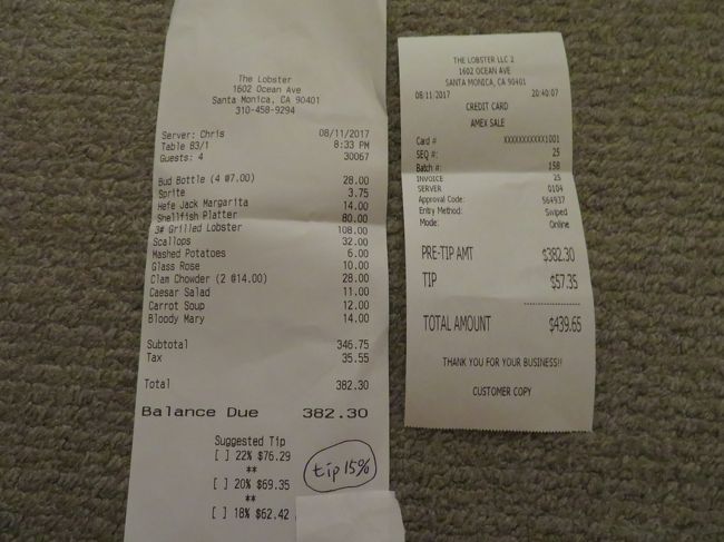 やはりリゾート地だけあってお値段高め。その上チップもあるので予想以上に散財してしまいました。（チップの目安が暗示されてましたが、しっかり無視、15パーセントにしました…）このお値段となりましたが、旅行初日、家族4人大満足でした。サンタモニカにいるぞ～って感じ