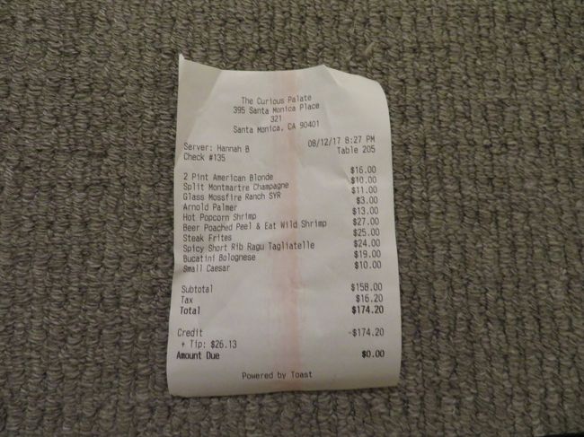 メニューには海べりだけあって海鮮が多かったように思います。チップも入れてこのお値段でした。とても美味しくて大満足できました