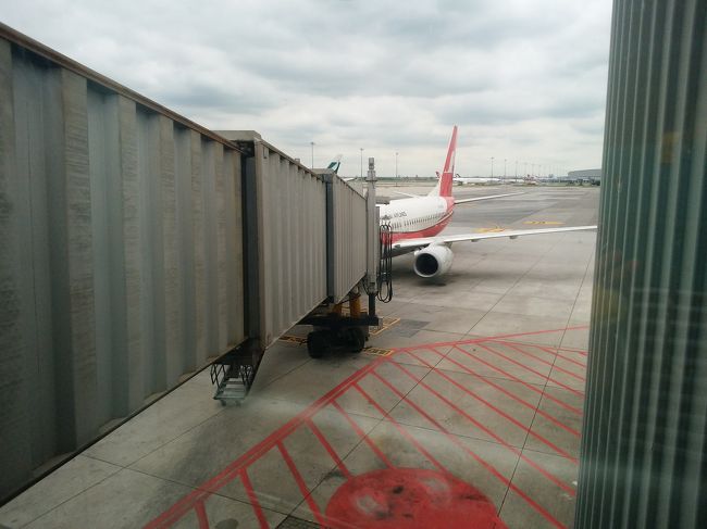 7日目。帰国です。<br /><br />ホテルからタクシーでスワンナプーム空港まで400バーツと言われ、OKしました。<br /><br />免税店で息子がお土産の象さん型チョコやクッキーを買って、搭乗に向け順調に進んでいました。<br /><br />搭乗ゲートには、飛行機がちゃんと待っています。でもなかなか搭乗が始まりません。<br /><br />離陸予定時間頃、アナウンス。<br /><br />遅延です。出発時間は未定。<br /><br />なぜかミールクーポンを貰っていた人たちがいましたが、私が航空券を見せたら、ここで待つよう言われました。<br /><br />飛行機を見ていたら、積み込んであったスーツケースが2つ出てきた！<br /><br />その後、搭乗開始になりました。<br /><br />オーバーブッキングだったのかなぁ？<br /><br />でも、ミールクーポンで食事をしている人たちなのか乗客がなかなか集まらず、出発しません(>_<)<br /><br />あと3人です。<br /><br />あと1人です。<br /><br />イライラしながら待ちました。<br /><br />結果、2時間半の遅延。上海からの乗り継ぎ便に乗れませんでした(*_*)<br /><br />行きも帰りも………<br /><br />旅行記は、予定外の上海編に続くことになりました(^_^;)