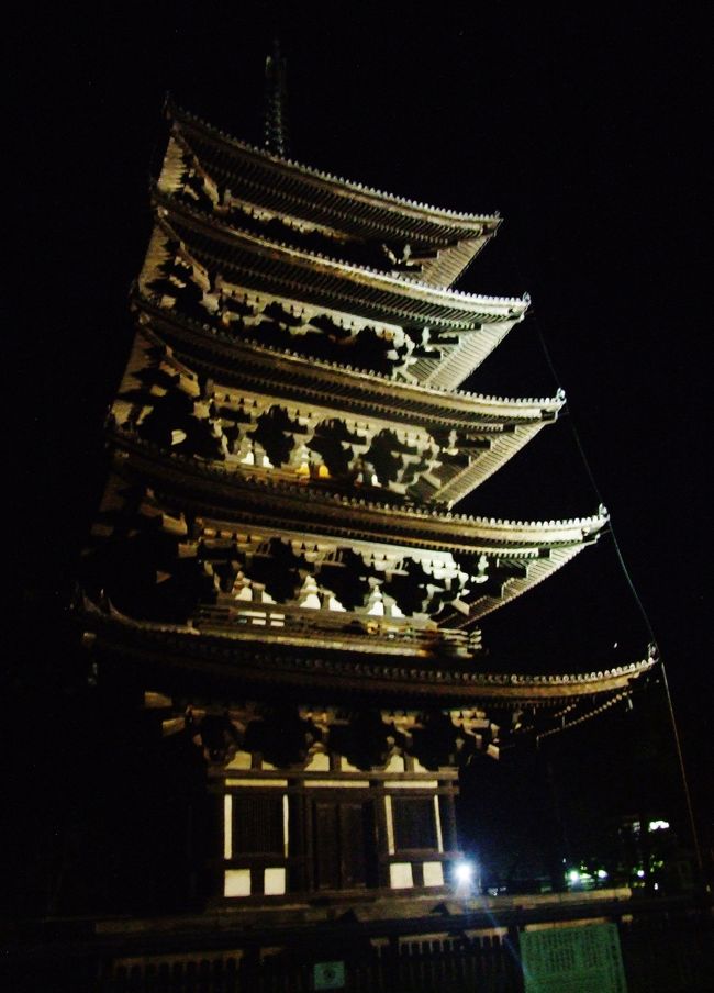 ライトアップした興福寺五重塔<br /><br />猿沢の池を廻ってホテルに戻りました。