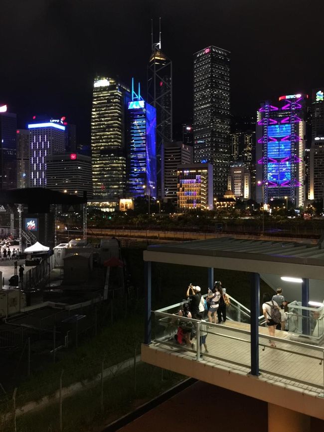 歩道橋から下に降りる階段の踊り場では旅行者が香港島の夜景を撮っている