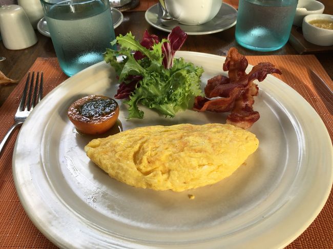 おはようございます。8月10日の朝です。本日はマンダパ アリッツカールトンリザーブへ移動します。短距離ですが、途中でランチと買い物をする予定なので、ガネーシャバリツアーさんのカーチャーターをお願いしてあります。<br />朝食は、安定のオムレツとベーコンです。豚のベーコンの無いホテルもあって、此処はあってラッキーでした。