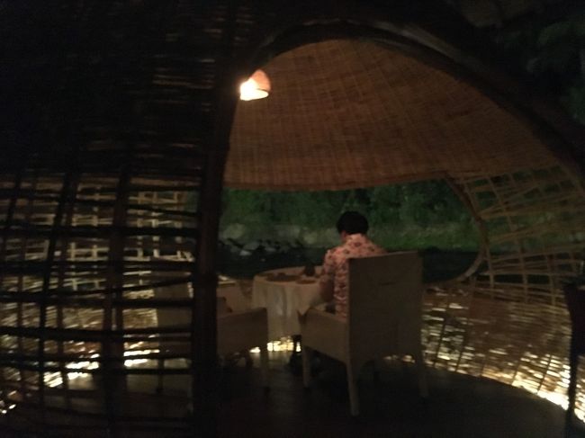 そして夕食。旅行前にホテルからメールが来て、レストランの予約はどうしますかと聞かれて、クブレストランのなかなか予約の取れないというコクーンという席を予約しました。要は、鳥かごの中で食事してる感じです。