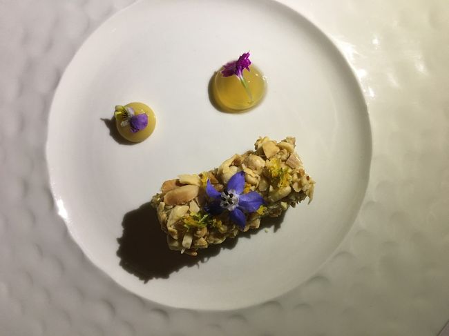 やっちゃんのコースだけにあるフォアグラ。美しい。美味しかったそうです。お花の下はゼリーみたいなソース？やっちゃんも分からないそうです。