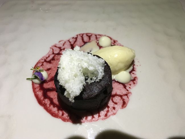 これもデザート。チョコレートフォンダンですが、周りにある赤いソースが何とも言えません。貞子的な。