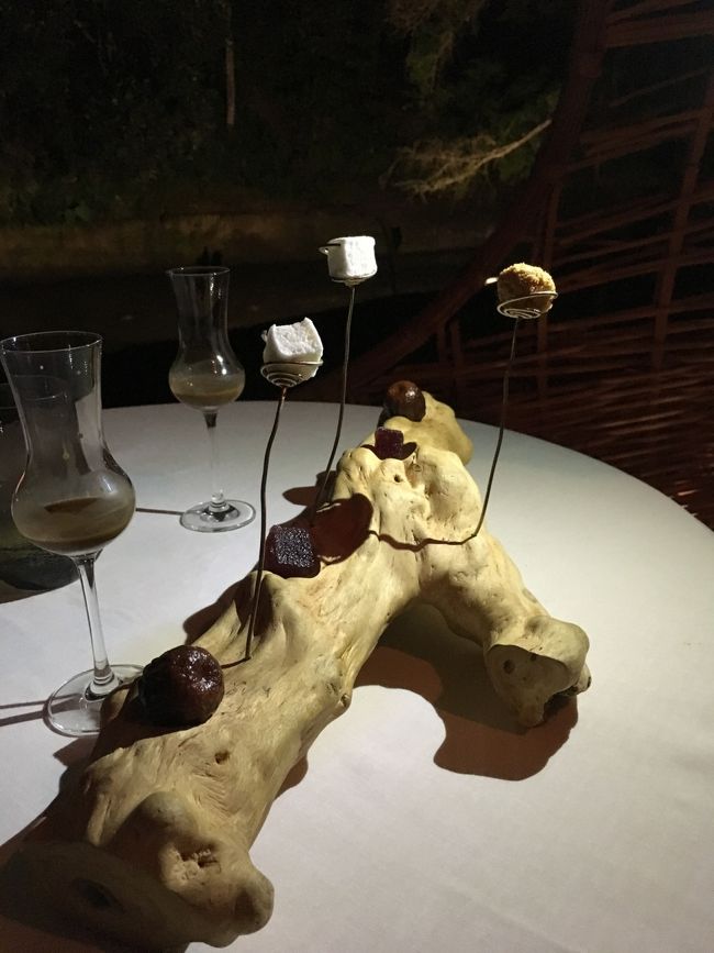マシュマロとか小菓子。木に刺さっています。最後まで不思議です。全体としては、正体が分かるものはとても美味しかったし、そうでないものは微妙でした。ちなみに、フルコースは税別で1人 1150000ルピア、2皿少ないエッセンシャルコースが750000ルピアでした。日本で同レベルの物を頂くともっと高いでしょう。コクーンも無料で利用できてロマンチックなので、予約しておいて正解でした。思い出にもなります。<br />
