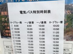 ロープウェー駅のバス停。
ここで、上野で買った、サラダを食べます。

せっかくなので谷川岳の水を飲みたかったのですが、自動販売機にあるのは南アルプスの天然水やクリスタルガイザーばかり。探し回って探し回ってやっと売店で谷川岳の水を見つけましたら、1本200円でした。この200円と帰りのバス代210円だけが、現地で落とした金となりました。ここのレストランの食事は、そばとラーメンばかりだと言うことを事前に電話で確認しておいたので、私は、アンデルセンのパンを事前に持ち込んでいました。この周辺は、キノコなど有名だと言うことで、例えばそのような料理のセットをここのお店で1,000円で出せば、食べる人も出てくると思うのですが。。。なぜそばばかりに固執しなければならないのか全く判りません。
帰りに乗るかもしれないバスの時刻表をチェックしておきます