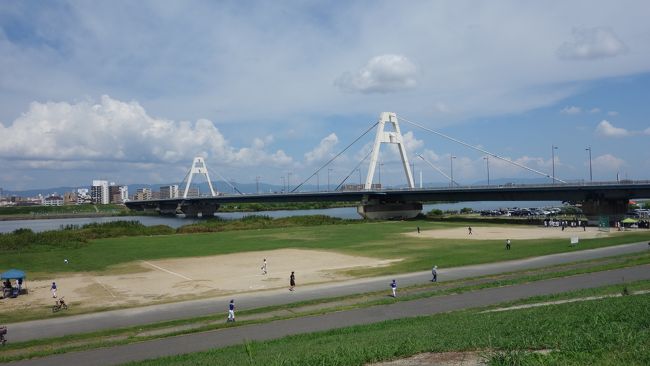 淀川にでました、堤上は自転車のみ通行可。緊急車両は河川敷を走る様になっています。戦国・江戸時代と違いますな