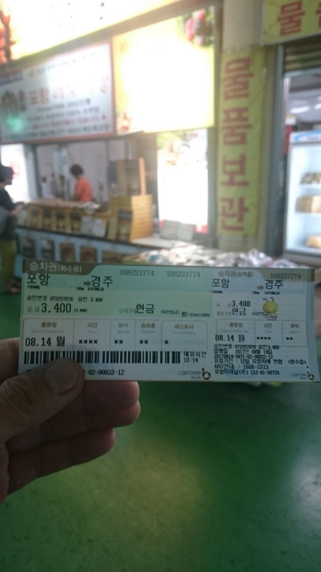 浦項から慶州までバスで移動<br />浦項は雨で竹島市場を見学して牛コムタンを食べてセリを見たくらいしか出来なかった。