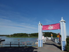 ３０分ほどでムーミンワールドの入り口の桟橋に到着。橋の向こうがムーミンワールドのある小島です。