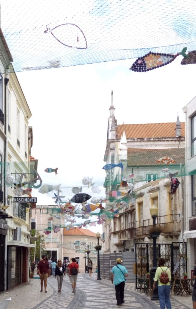 車で50分程でアヴェイロに到着し、4月25日通りに車を停めて散策スタート。<br />じきにコインブラ通りに出ました。<br />上を見ると可愛い魚と魚網の飾り、下を見ると素敵な模様の石畳。