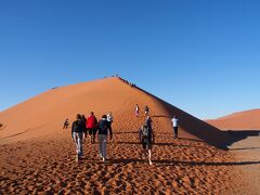 今回登るのはDune45（ビッグママ）。砂丘を登ったのは初めてだけど足場が崩れて行くので歩きにくい。前の人が歩いたところを歩くのがコツ、と言われたけどなかなか難しい。