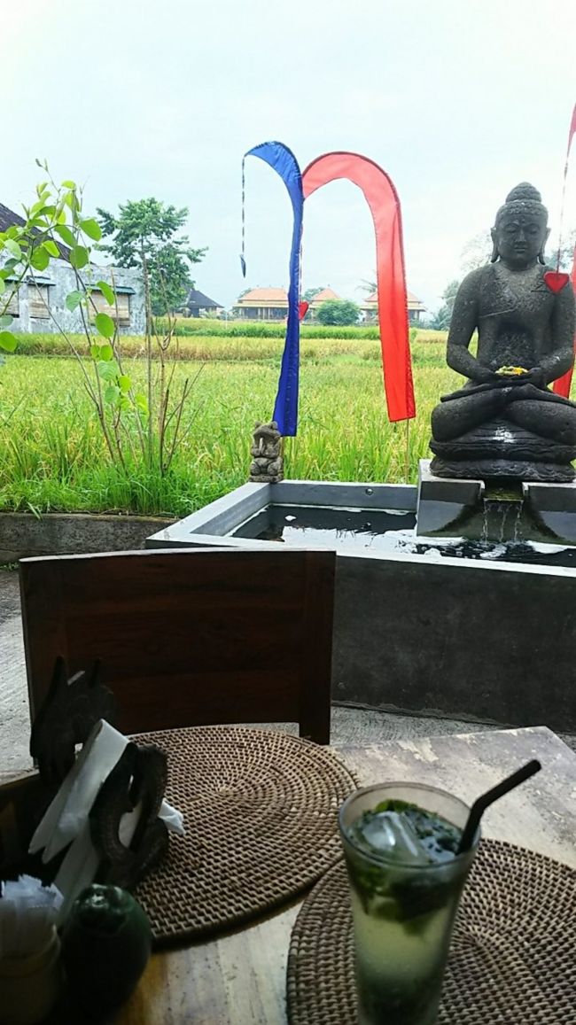 モヒートを飲みつつ、田んぼを眺めながらぼーーーっと。いい気持ちです。<br /><br />…だったのですが、この後ちょいと事件が(笑)<br />モヒートのグラスを持ち上げたら、なんとグラスの底が抜けてモヒートがテーブルにぶわぁ～～っと(笑)　「え・・・」です(+_+)<br />幸い、自分にはかからなかったので洋服も濡れませんでしたがとりあえずビックリ。スタッフを呼んで拭いてもらい、新しい飲み物をもらいました。<br />モヒートは半分くらい飲んでたので違うものにしようとアイスコーヒーにしたのですが…インスタントでした～残念。<br /><br />お会計はアイスコーヒーの分しか請求されませんでしたよ～。<br /><br />まぁ何はともあれ、ひとときのゆったりカフェタイムを過ごしました。<br />そろそろ娘も起きてる頃だし、とりあえずホテルへ戻ります。