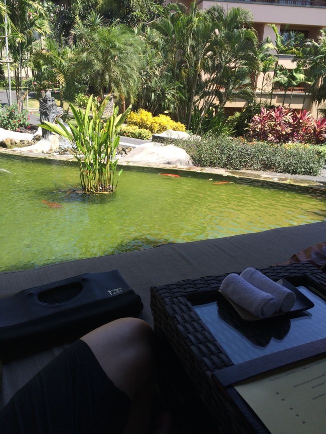 バリ島に着いてから何も食べてなく、14時に遅めの昼ご飯へ。<br />ランチをやっていて、インドネシア料理をまずは食べたかったので、ダマールテラスというレストランへ！<br />蓮の池に囲まれていて席も仕切りがなく、とにかくお洒落。