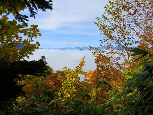 視界の開けたところから、北アルプスの山々<br />雲海が広がる