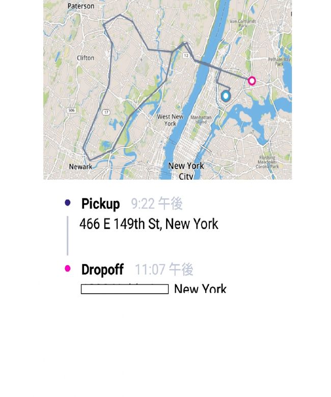 バスでホテルまで帰って来ましたが乗り換えたハーレムのほうが喧嘩してる若者集団とかいて怖かった。地下鉄で白人見たのはハーレムまで。ハーレム川超えるといなくなる（気のせい？）<br />ホテル近くのバーガーキングはスペイン語話す従業員ばかりで待っててもあからさまに無視するし出来上がってるのに忘れたフリしてずっと待たせるし態度が非常に悪いです。明朝はニューアーク空港から出発なのでブロンクスのホテルから今日中に移動します。<br />21:22　google map見たらLyftの方が安かったのでUBERやめてそっち選んで乗車<br />一瞬料金が出てUBERより高かったのでその時点でキャンセルすればよかったものを金曜日の夜９時過ぎ、混んでてこんなもんかと使い始めで分からなかったので不思議にも思わず。かなり遠回りをしてるのでイヤ~な予感が漂い始める。こんな遠いはずないのに全然到着しない。目的地は左下のNewarkのほう。左上をどんだけーってくらい大回りに回って22:27やっと到着