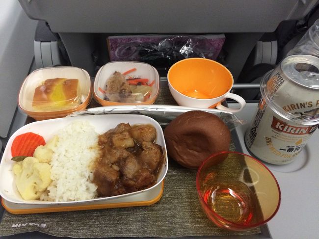 お決まりの機内食<br />このたび１食目<br />なにかは…忘れました