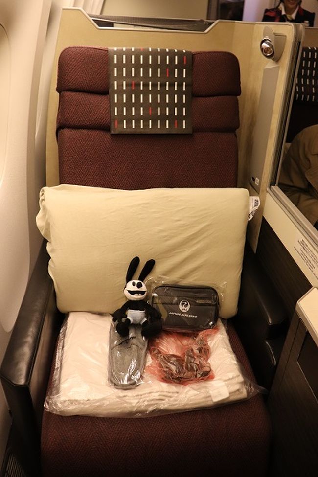 長距離でJALに乗るのも、このタイプのビジネスクラスも初めてで浮かれていたのに、先に席に座ってるヤツがいた～！！<br />娘のぬいぐるみ君です。<br />隣の席にいるいたずら娘の肩が少しだけ写ってます。
