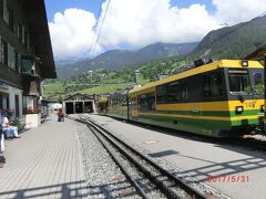 Grindelwald Grund駅に待っている黄と緑のヴェンゲンアルプ登山鉄道です。
