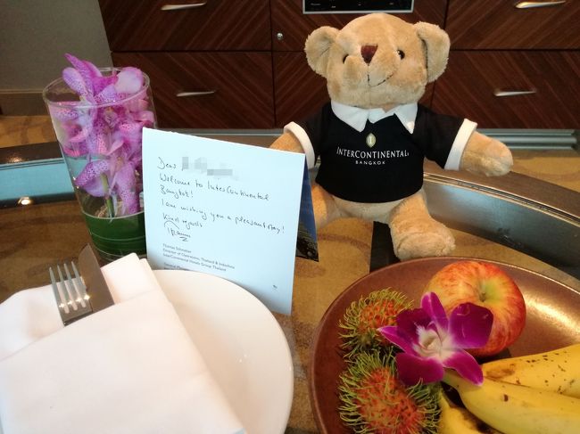 ウエルカムフルーツと、Ambassador特典のベアーぬいぐるみ。<br />嫁さんは、ぬいぐるみはいらないよと言うけれど持って帰りました。