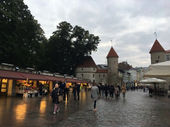 夕食のために旧市街へ。<br />ホテルからは10分くらい。<br />ちょうど雨がやんでて助かりました。<br />Ｖｉｒｕ門前にはお花屋さんがたくさん！<br />バルトの人々は何でもない日にお花を買って帰る習慣があるから<br />お花屋さんが多くて、しかも夜遅くまでやっているそう。