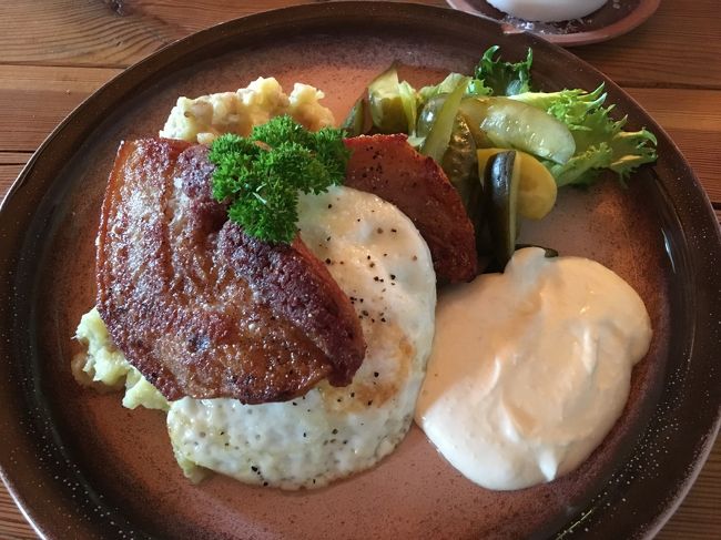 mulgipuder（Traditional　food）<br />ローストポーク目玉焼き添え　１２ユーロ<br /><br />ポークはちょっと硬かったけど味は美味しかったです。<br />下に敷いてあるポテトサラダもゆで卵を刻んだのが入ってて絶品でした。