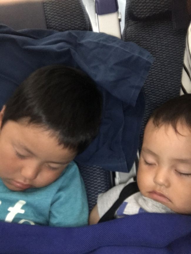 3席を使って 子供達3人プラス私で(*´꒳`*)<br /><br /><br />離陸して程なく、静かだなぁーと思っていたら…<br /><br /><br />寝てました