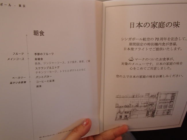 シンガポール航空就航７０周年メニューにしよ。<br /><br />ところで、今年、７０周年を記念して、シンガポール航空を使ってシンガポール旅行をする人向けに、シンガポールの主要観光地の入場料を７０％オフするキャンペーンをやってるんですよ。詳しくはシンガポール航空のサイトをご覧ください。出発５日前までに申し込む必要があり、このキャンペーンに気づいたのは出発３日前。。みなさん、お早目にお申込みください（泣）