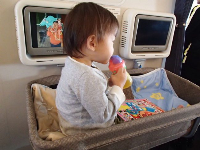 シンガポール航空バジネットは１４キロまでOK！！息子は１歳１１か月で１１キロ。行きはほとんど寝ずに遊んでいましたが、帰りは深夜便だったので、このバジネットが重宝しました。<br /><br />ちなみに、この青いお布団はお持ち帰りOK!往復で２枚ゲットしましたよ♪