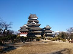 本丸御殿跡から撮影した、漆黒の凛々しい天守閣。遠くには雪をかぶった山が見えます(何と言う山かはよく分かりませんが)。