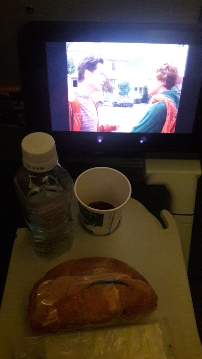 席は非常口の列の中央通路側を運よくゲット。<br /><br />途中でサンドイッチと飲み物のサービスがありました。<br />