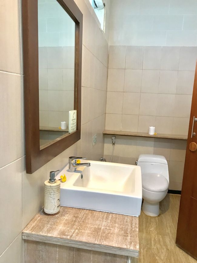 トイレと洗面所。シャワーはガラス戸があり水しぶきが気にならない使いやすいタイプ。あと、シャワーが取り外して手に持てるタイプで温度調整も勢いも最高だった！バリ島ではなかなか優秀です！