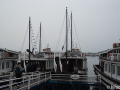 翌朝、ハロン湾クルーズに出かけます。
残念ながら、生憎の小雨と曇り空。
2017年は、こういったクルーズを３回（桂林、松島、ハロン湾）と行いましたが、１勝（桂林）２敗（松島、ハロン湾）となりました。
家内は、相当な雨女で、我々夫婦の旅はかなりの確率で、雨・曇りとなります。
（東北もそうでした）