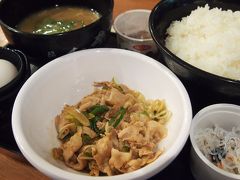 フードコートに入る「伝説のすた丼屋」で朝食。夫はすた丼の具が付いた朝定食＝写真＝、妻はしらす雑炊を選んだが、いずれも驚くべき塩っ辛さで、二人で辟易しながらいただいた。