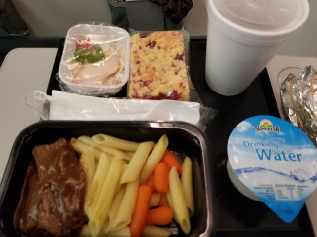 高雄からの機内食は、「牛ほほ肉の煮込みペンネパスタ」を予約してました。<br /><br />サイドは同じ物。<br />夫は珍しく、このケーキは美味しいと言っていたのですが、私はちょっと苦手なパサパサ系。<br />でもこれは、一日に一つが良いと思います。