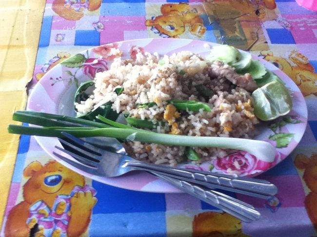 お昼ご飯は、カオ・パッーにしました　焼き飯です　タイでは、焼き飯にレモンを絞ってかけて食べます　ねぎは、丸ごと１本出てきます　ちょっと文化が違うんですね　美味しかったー！　タイ語では、アロイ！