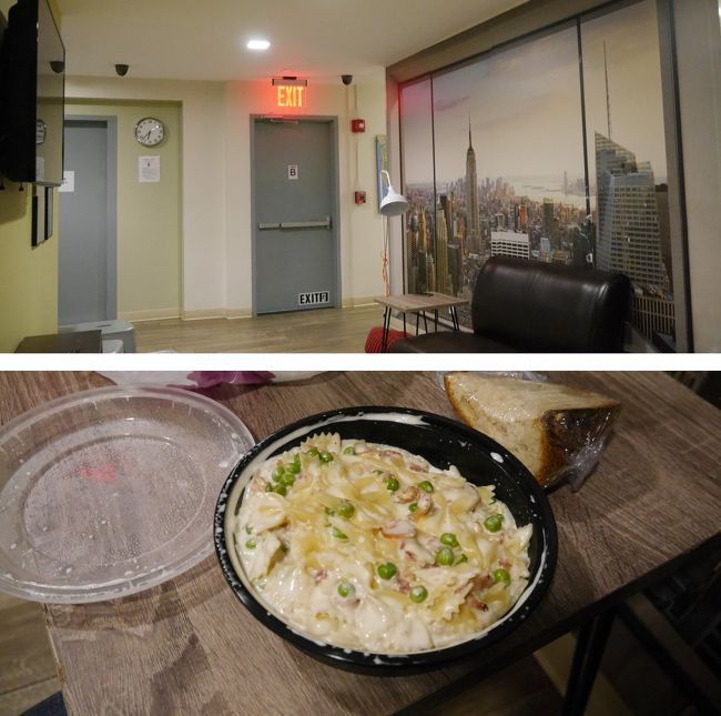 今回の宿です. Jazz on Columbus Circle Hostel とかいうドミトリーです. <br />ベット1つで106.78USDとお高いです...ニューヨーク・プライスですね...<br /><br />で、外で買ってきたカルボナーラ(11USDくらい)が今年最後の食事です...