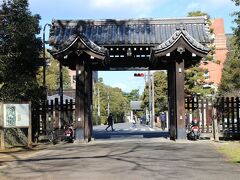 御所側から見た今出川御門。奥に見えるのが相国寺総門。両側は同志社大キャンパス。