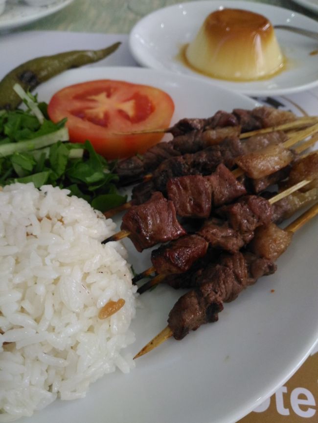トルコの女性もランチにこれが普通の量なんだって！？<br />本当かなあ～<br />私は食べきれず、串からはずした味付けてない牛肉とご飯は、<br />ねこさん達にあげました。