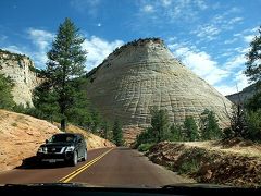 ザイオン国立公園東ゲートからザイオン・マウント・カーメル・ハイウェイに入ってすぐに、目の前にドーンと見えて来る白い岩山。

チェッカーボード・メサと言う名のごとく、岩肌には碁盤の目のような亀裂が入っています。
高さ2,033ｍあるというその姿が印象的。